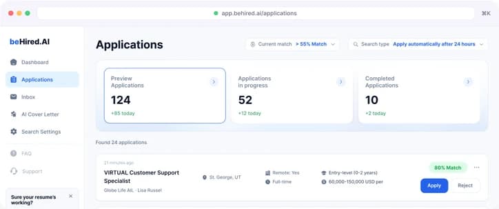 beHired.AI applications dashboard with preview, in-progress and completed counters