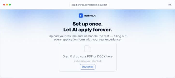 beHired.AI resume builder upload screen