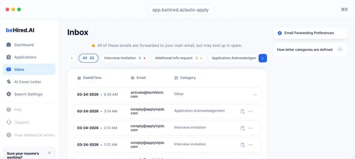beHired.AI inbox with recruiter replies grouped by category