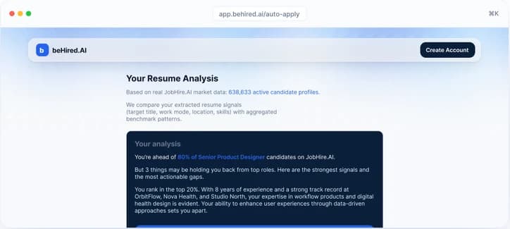 beHired.AI resume analysis screen with the candidate profile used for scoring