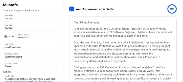 A resume next to an AI-generated cover letter with a match score of 92