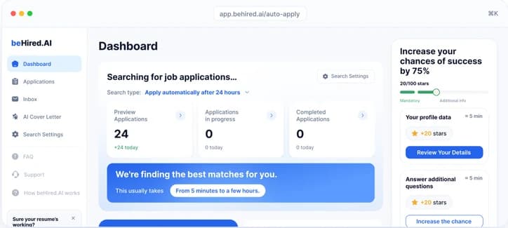beHired.AI dashboard tracking application progress and profile completeness