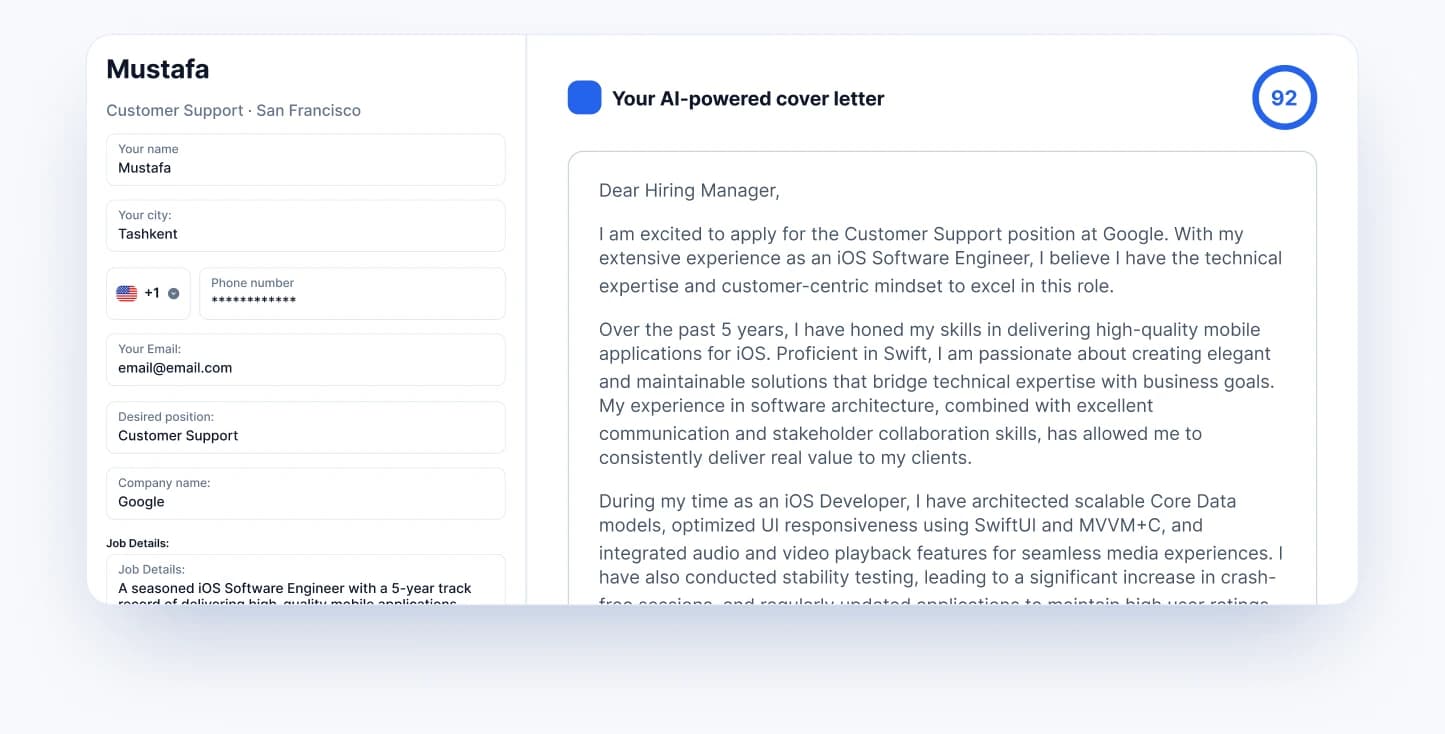 beHired.AI cover letter generator: a form with the role and job details on the left and the generated cover letter scored 92 on the right