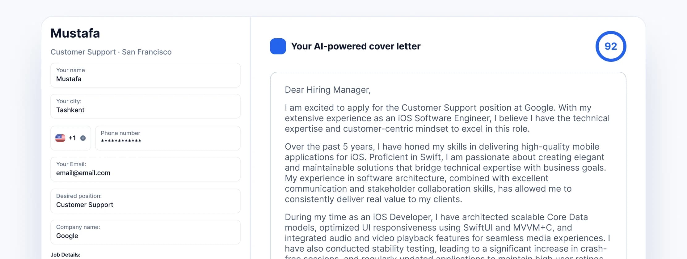 beHired.AI cover letter generator: a form with the role and job details on the left and the generated cover letter scored 92 on the right