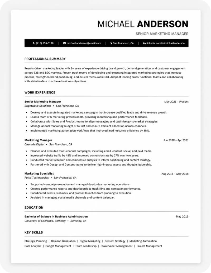 Sample AI-generated cover letter for Michael Anderson, Senior Marketing Manager