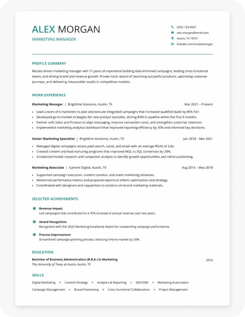 Sample AI-generated cover letter for Alex Morgan, Marketing Manager
