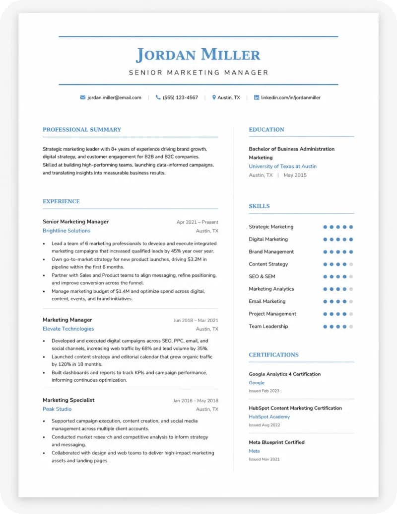 Sample AI-generated cover letter for Jordan Miller, Senior Marketing Manager