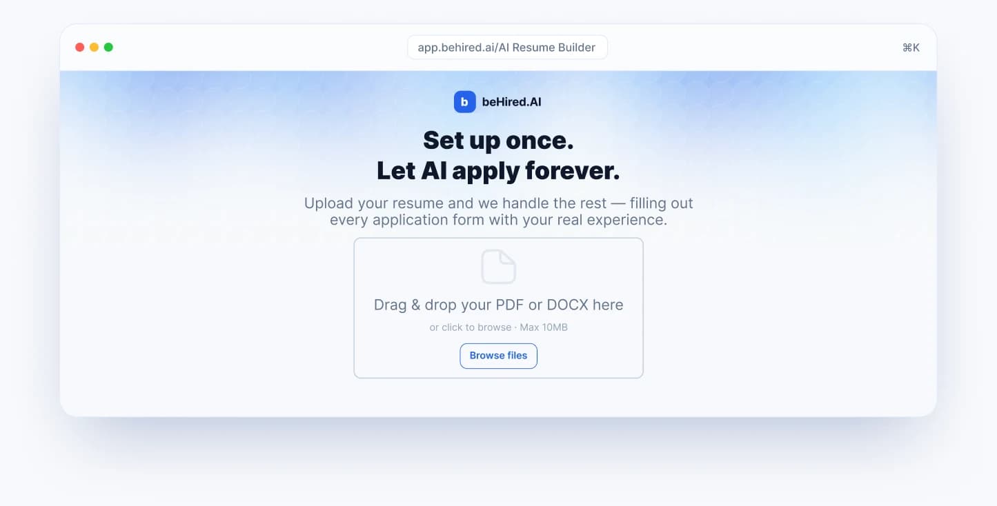 beHired.AI resume builder app with a drag & drop upload area for PDF or DOCX files