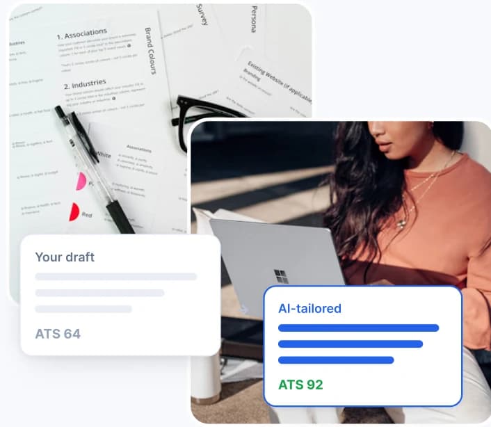 Resume draft with ATS score 64 turned into an AI-tailored version with ATS score 92