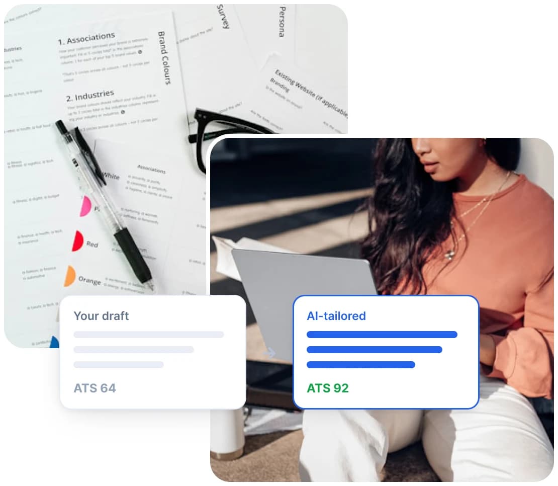 Resume draft with ATS score 64 turned into an AI-tailored version with ATS score 92