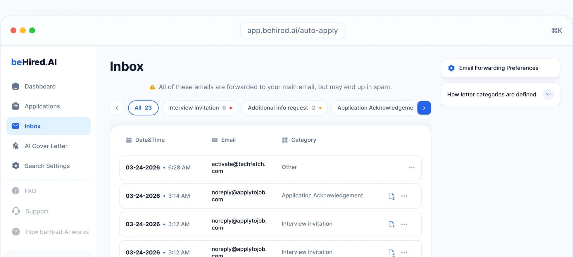 beHired.AI auto-apply inbox with forwarded employer emails sorted by category