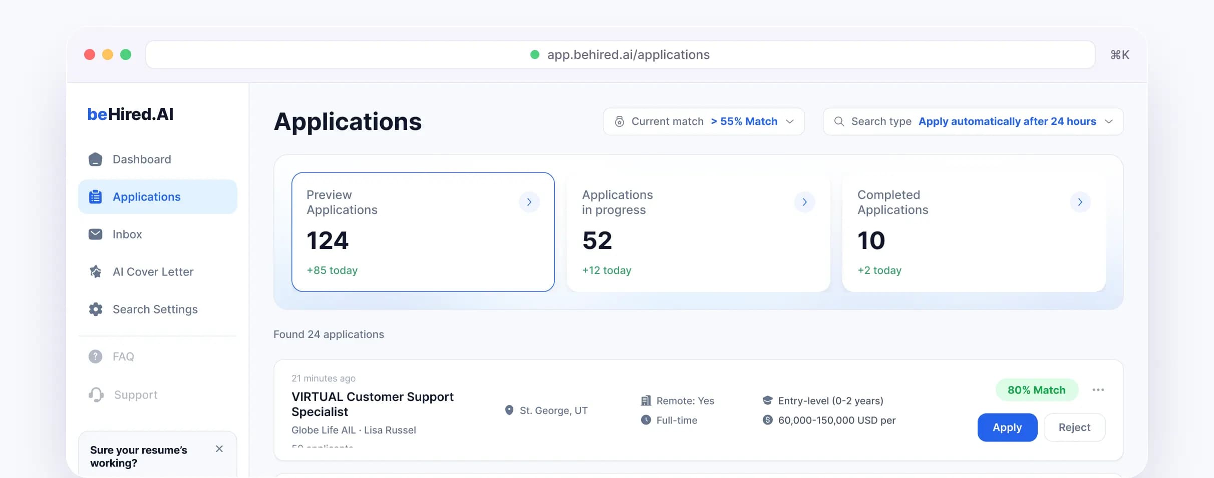 beHired.AI applications dashboard with match scores and application stats