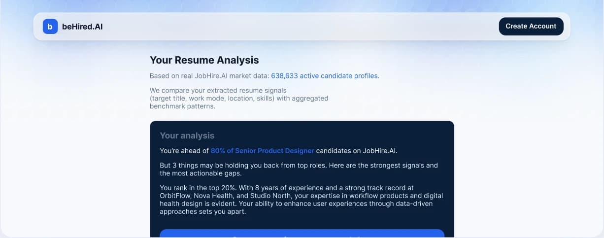 beHired.AI resume analysis screen with the candidate profile used for scoring