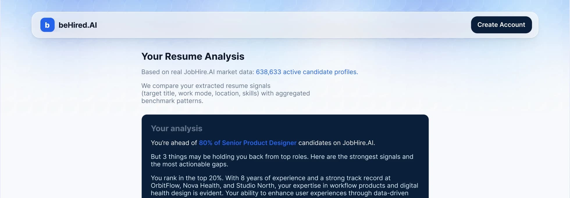 beHired.AI resume analysis screen with the candidate profile used for scoring